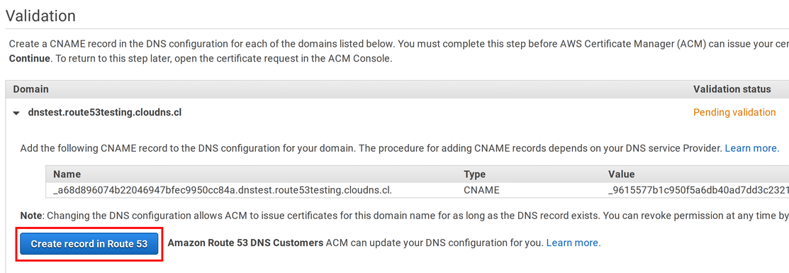 Create the validation record from ACM