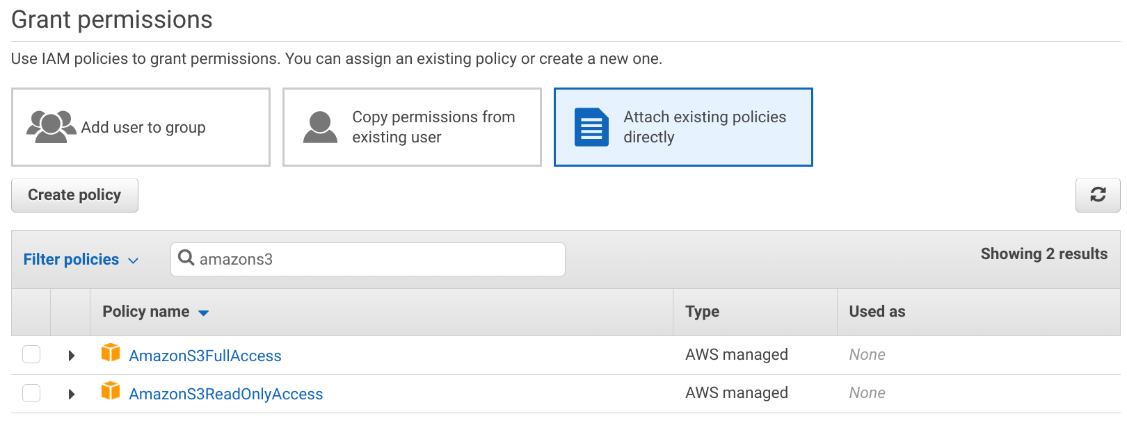 Attach managed policies to a user