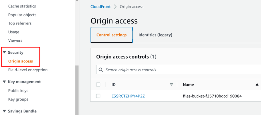 Security/Origin access menu entry