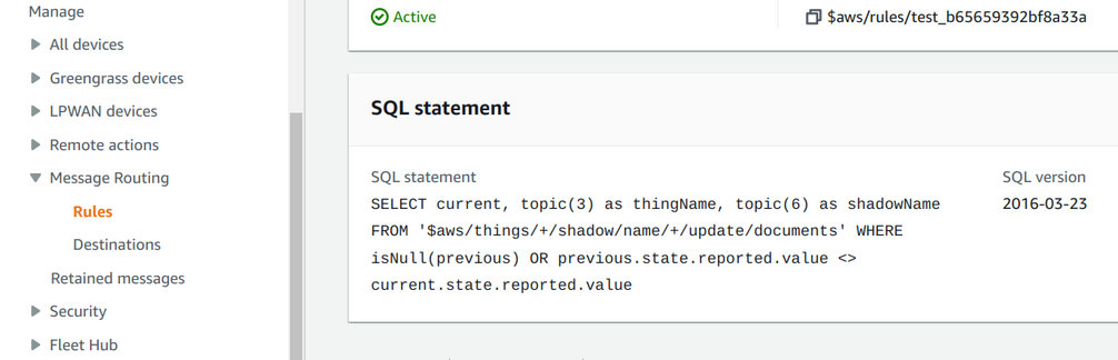 SQL statement for the topic rule