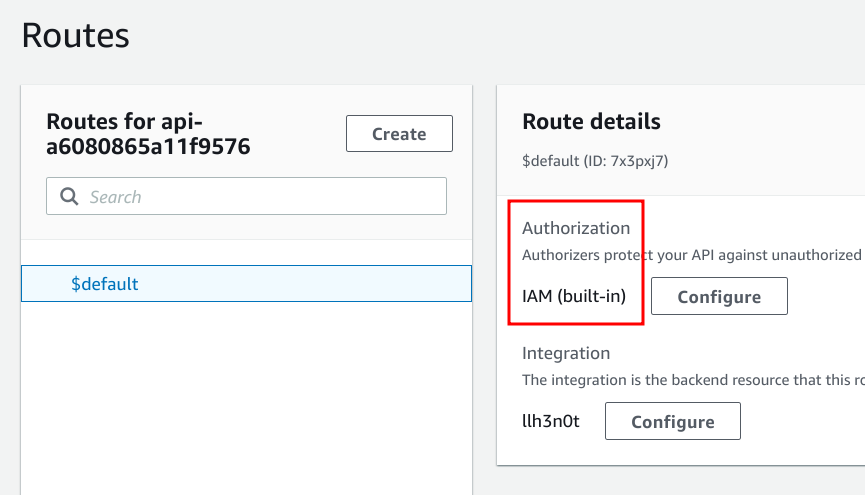 Auth type for the route is IAM