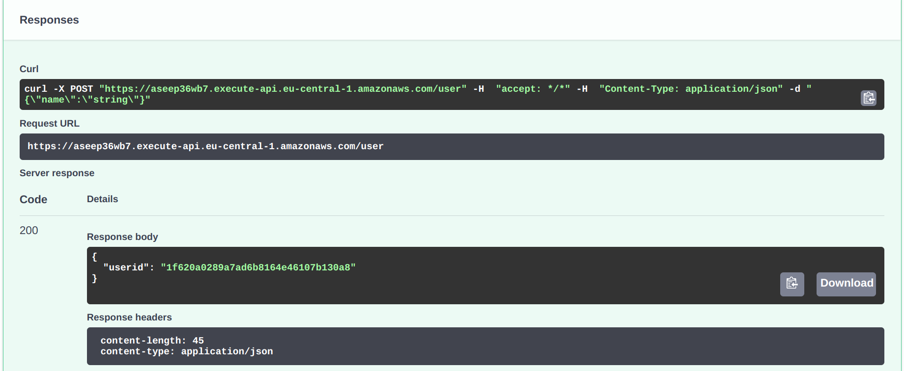 Swagger UI shows the response and a Curl example