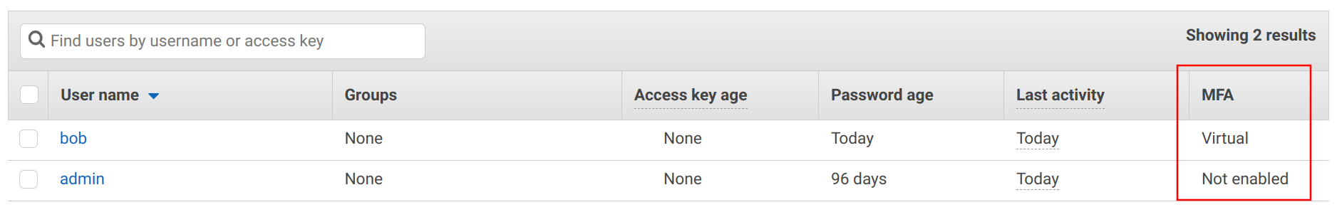 The type of the MFA device is shown on the IAM Console