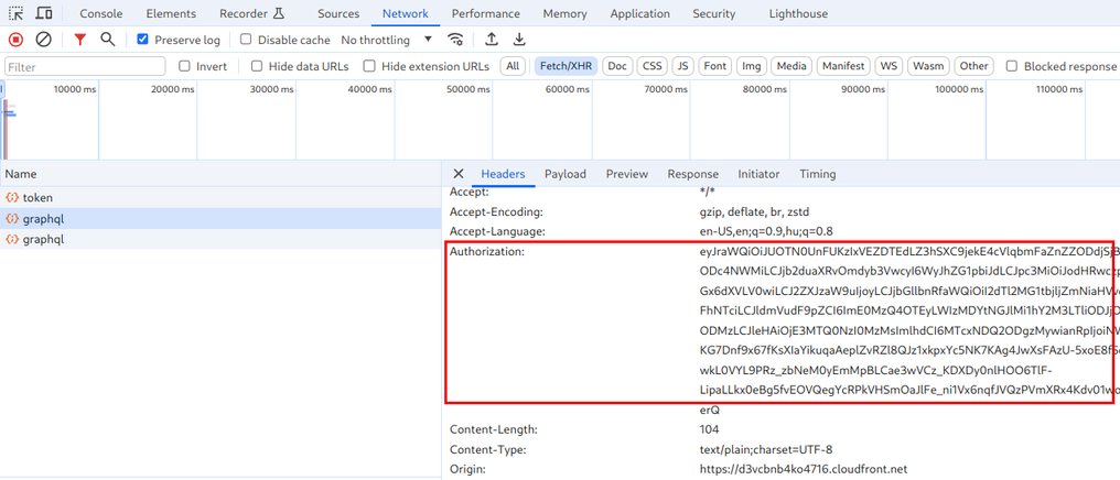 A screenshot showing that the webapp sends the token value to the backend in the Authorization header