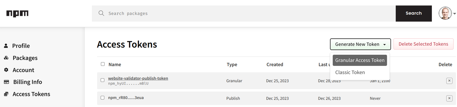 NPM access tokens