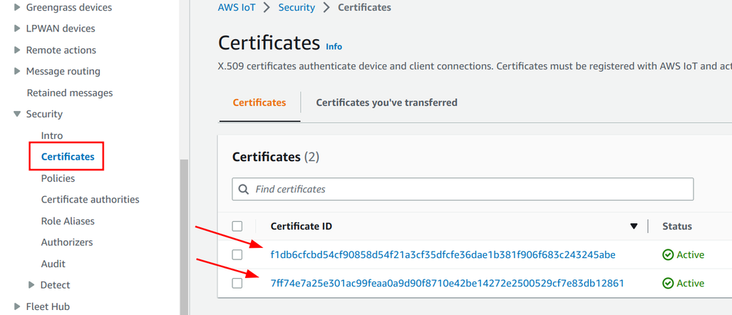 Client certificates added to IoT Core