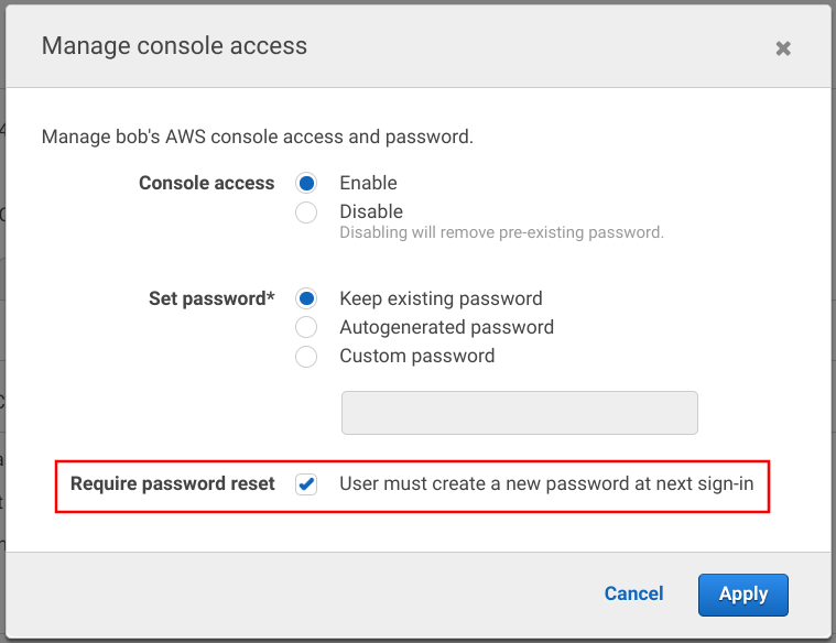 Require password reset box for an IAM user