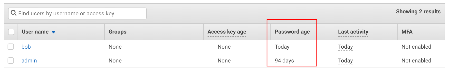 Password age on the IAM Users page