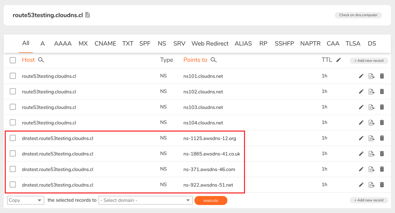 AWS nameservers added to the ClouDNS domain