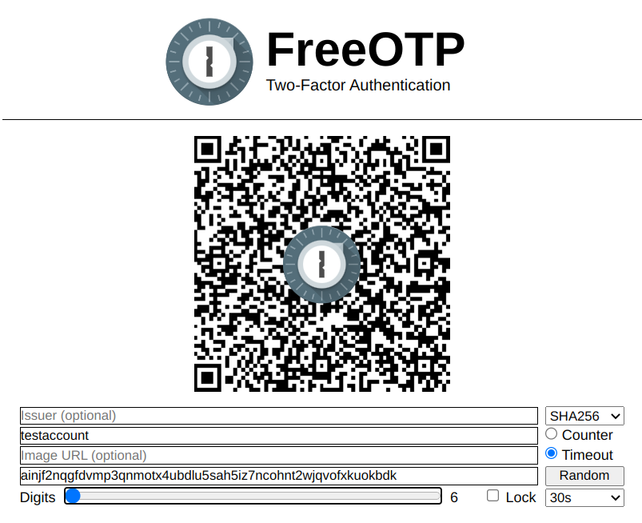 Generate the QR code with FreeOTP's online tool