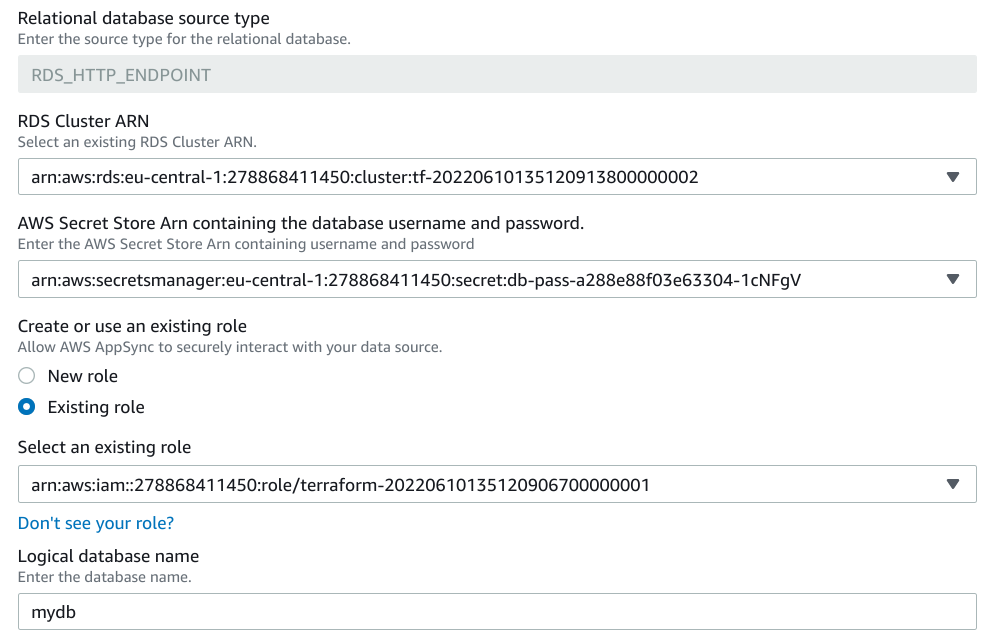 RDS Data source configuration