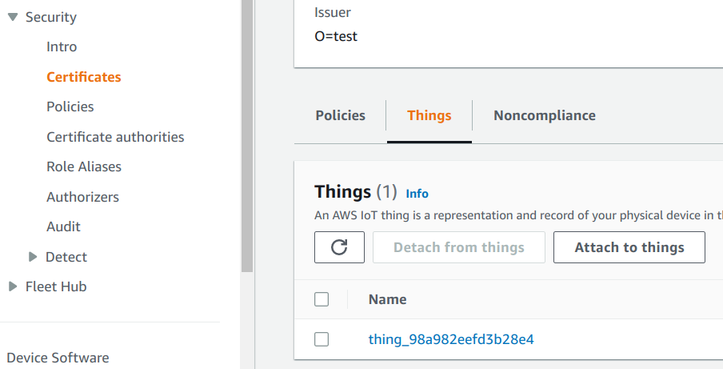 IoT thing attached with the certificate