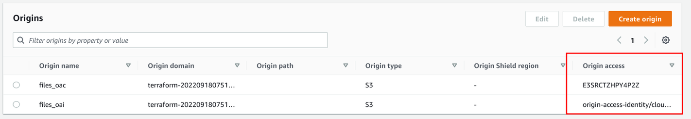 Origins list showing the configured Origin access