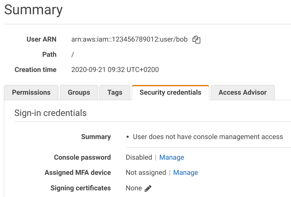 Security credentials on the IAM user page