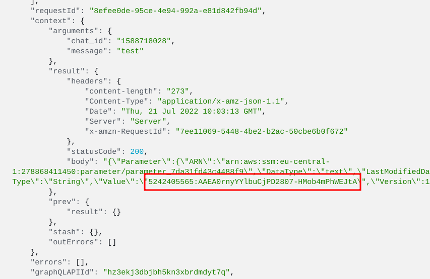 Resolver logging puts the bot token to CloudWatch Logs